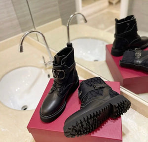 V Logo Combat Boots