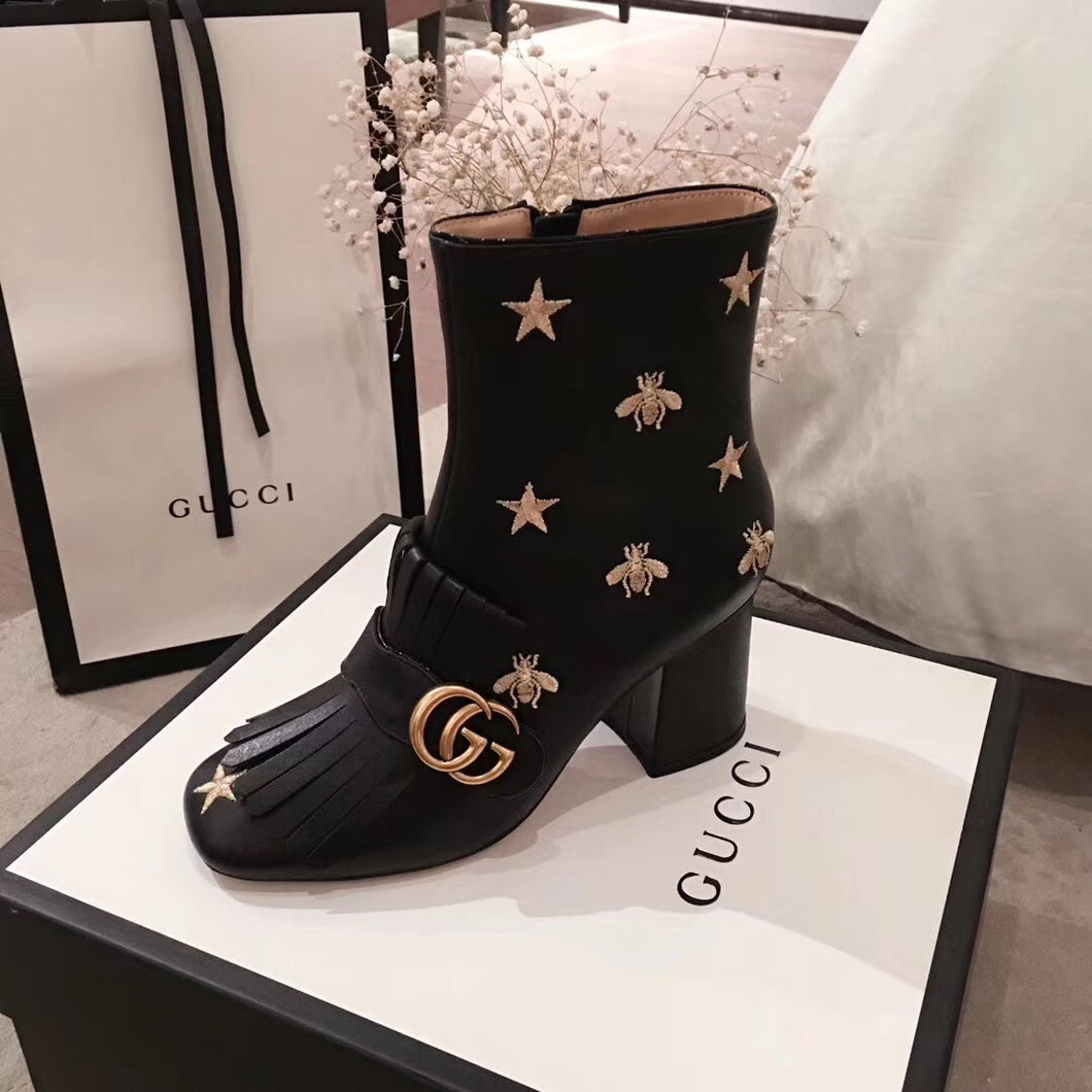 Leather Embroidered Ankle Boots