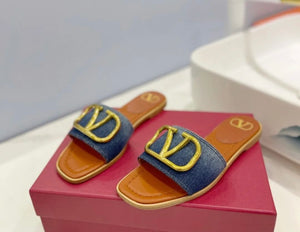 V Logo Denim Sandals